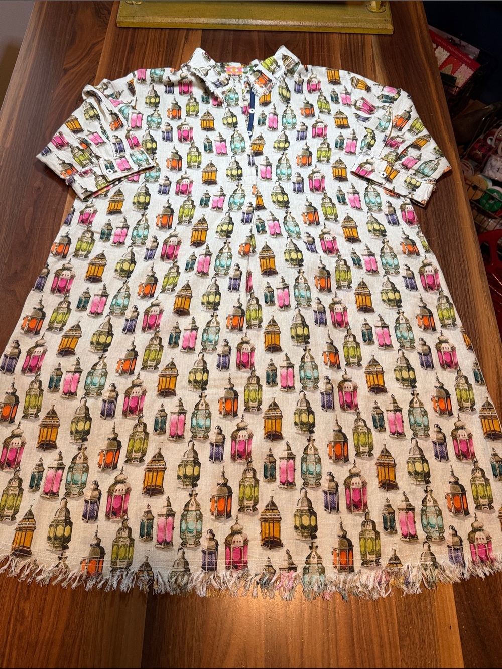 Dizzy Lizzy Chatham Dress Fringed Hem Tunic with Colorful Lantern Linen Print XL